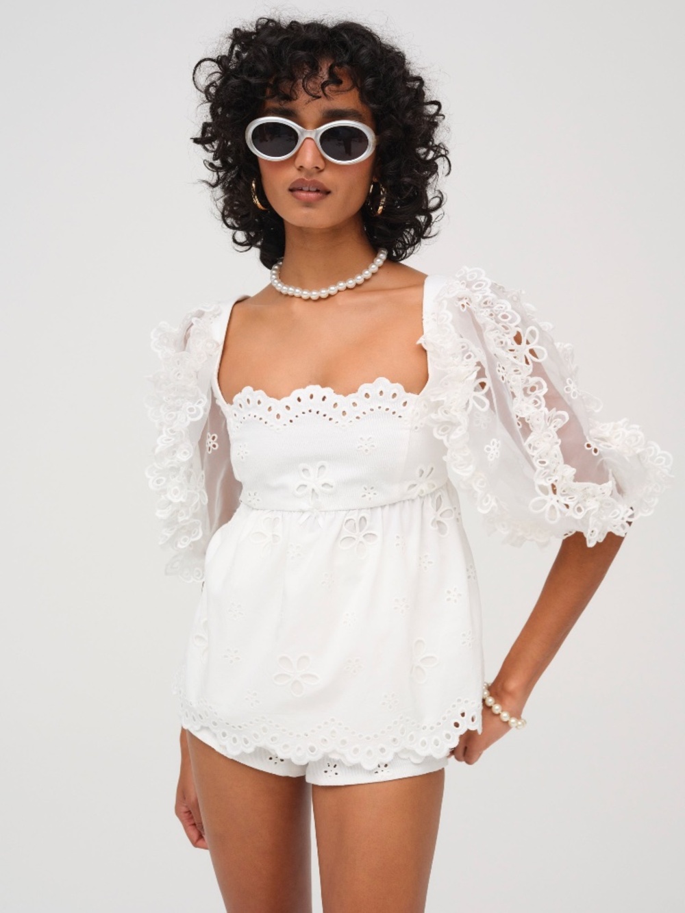 For Love & Lemons Daisy Eyelet Top S / White